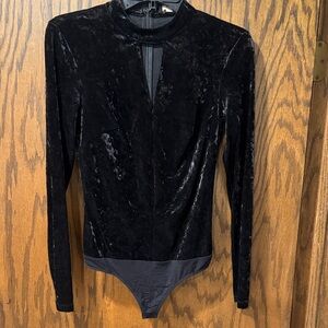 Black Velvet Long-Sleeve Mock-Neck Bodysuit with Front Plunge